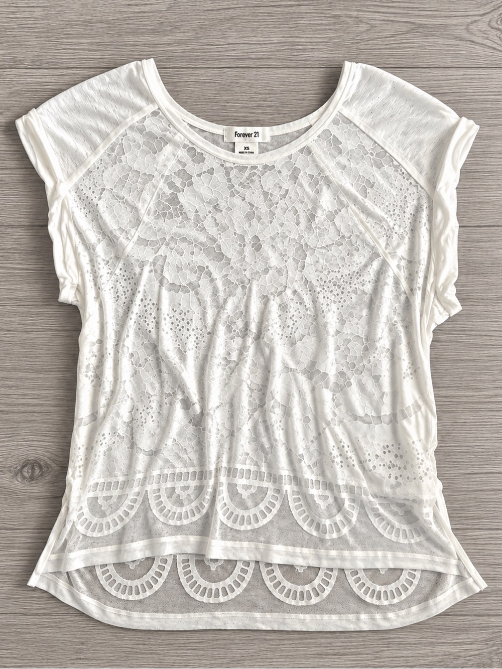 Forever 21 White Lace-Overlay Short Sleeve Tee